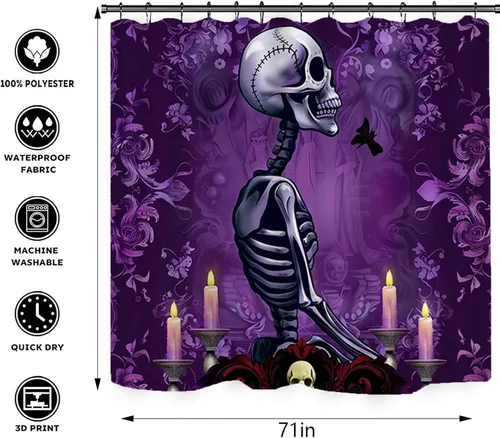Miniatura 3 de Juego de cortina de ducha y alfombras de Halloween, 4 piezas de calavera de rosa roja con flores de beso de azúcar, decoración de baño de flores