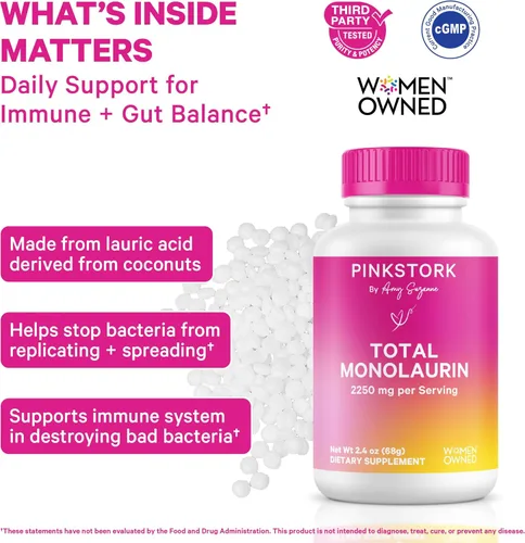 Miniatura 2 de Pink Stork Suplemento total de monolaurina para la salud intestinal, náuseas matutinas, apoyo inmunológico y salud vaginal para mujeres, bienestar