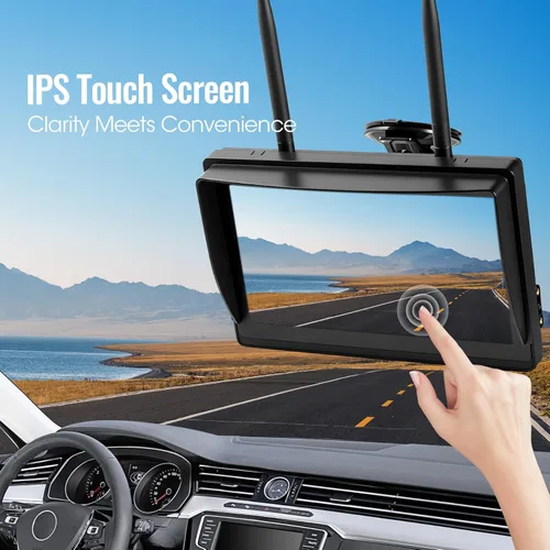 Miniatura 2 de Sistema de cámara de respaldo inalámbrico solar magnético, pantalla táctil IPS de 7 pulgadas con DVR, cámaras de visión trasera IR recargables