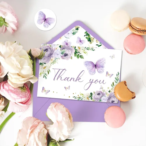 Miniatura 5 de Whaline 24 tarjetas de agradecimiento de mariposa floral, tarjetas de felicitación de flores moradas con etiqueta sobre de acuarela de primavera