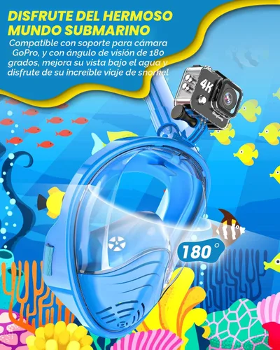 Miniatura 4 de QingSong Máscara de esnórquel para niños de cara completa, juego de esnórquel con soporte para cámara, plegable, vista panorámica de 180 grados