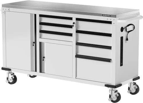 Miniatura 8 de WORKPRO Cofre de herramientas rodante de 52 x 20 pulgadas, con 5 cajones y 1 puerta, baúl de herramientas resistente con ruedas, regleta de Madera