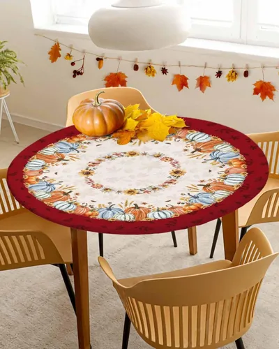 Miniatura 18 de Mantel ajustado redondo de Navidad con Poinsettia, mantel de lino retro de Navidad impermeable para mesa circular, mantel circular elástico de Rojo