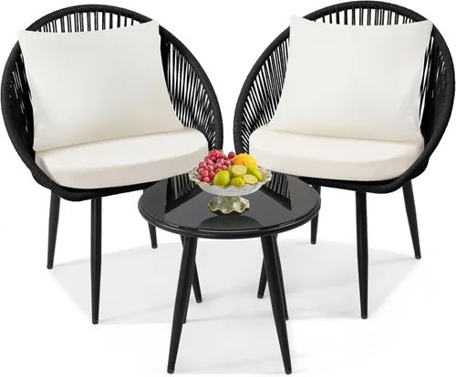 wildformers - Juego de 3 piezas para bistró, silla de cuerda trenzada con cojines, juego de conversación para patio todo clima y mesa auxiliar, Negro