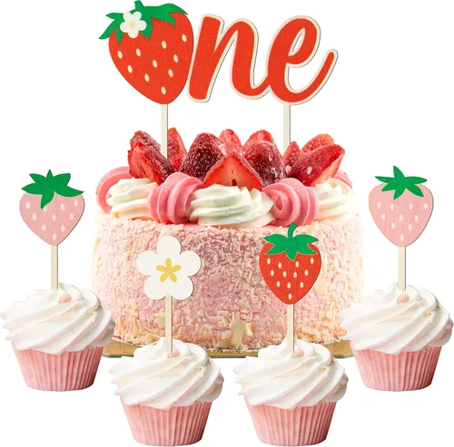 Decoración para magdalenas de primer cumpleaños, 5 piezas de lindo pastel de margaritas fresas de madera, decoración de pastel para niños de un año