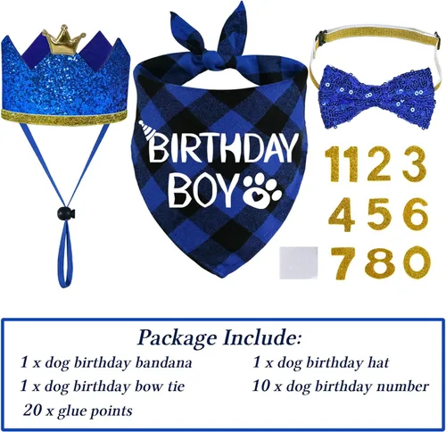 Miniatura 3 de STMK Suministros para fiesta de cumpleaños para perros, sombrero de cumpleaños de perro de varios tamaños con números, bandana pajarita para perros