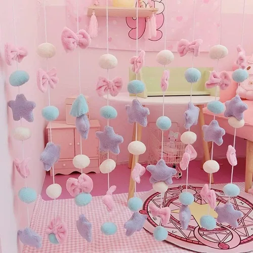 Miniatura 5 de Cortinas Kawaii para dormitorio de niñas, decoración para colgar en la pared, bonita estrella esponjosa con lazo, guirnalda de pentáculos, cortina