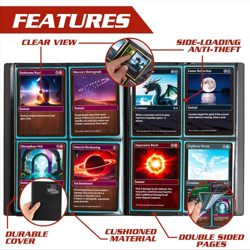 Miniatura 4 de Monster - Carpeta para tarjetas coleccionables de 4 bolsillos, álbum Holofoil negro, protección TCG antirrobo y anticaídas con bolsillos laterales