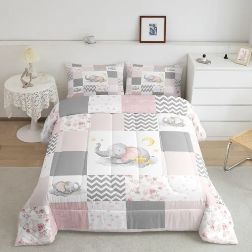 Miniatura 6 de Lindo juego de edredón de elefante, tamaño individual, juego de ropa de cama de dibujos animados Kawaii con flores de animales para niños y hombres