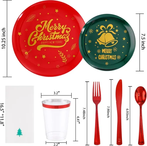 Miniatura 3 de WDF 175 piezas de platos de Navidad de plástico desechables - 25 platos verdes, 25 platos rojos con campanas doradas, 75 cubiertos de plástico Bell