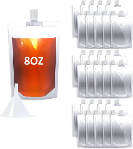 Miniatura 21 de 100 bolsas de bebida de 8 onzas, botella de plástico reutilizable con embudo para beber jugo de bebidas líquidas, bolsas de bebidas de pie para 8OZ
