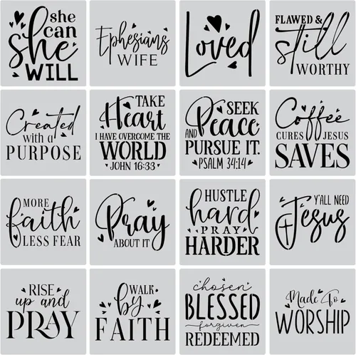 Juego de plantillas inspiradoras de palabras, 16 plantillas de fe cristiana con citas y versículos de la Biblia, ideal para pintar en madera,