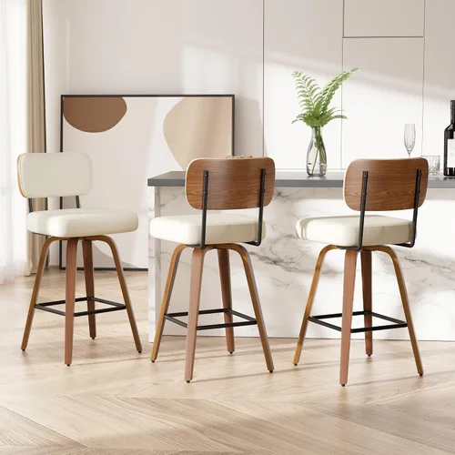 Miniatura 24 de Juego de 1 taburete de bar giratorio, taburetes de bar tapizados de 26" de altura para encimera con respaldo de nogal y patas de madera curvada