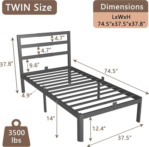 Miniatura 2 de Base de cama individual de 14 pulgadas con cabecero, marco de cama de metal negro, sin necesidad de somier, juntas antideslizantes, sin ruido