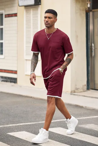 Miniatura 46 de COOFANDY Conjunto de camisa y pantalones cortos de gofre para hombre, conjunto de 2 piezas, conjunto casual de verano con bolsillos