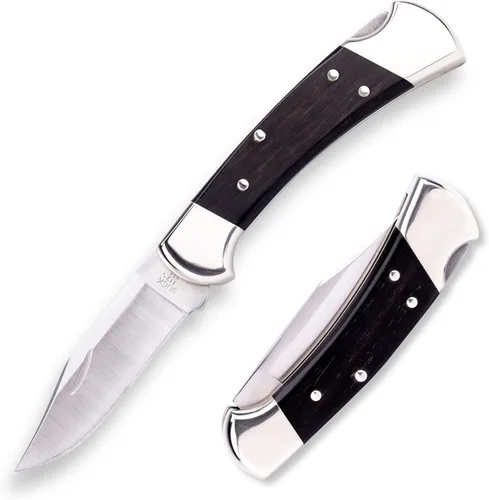 Buck Knives Cuchillo de caza Ranger 112, hoja de 3 pulgadas, diseño de bloqueo, mango de ébano, refuerzos plateados, hoja de punta de clip de acero
