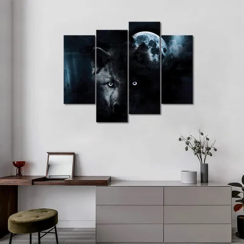 Miniatura 3 de Arte de pared de 4 paneles de lobo negro y luna llena, impresión sobre lienzo, imágenes de animales para decoración del hogar, pieza de regalo