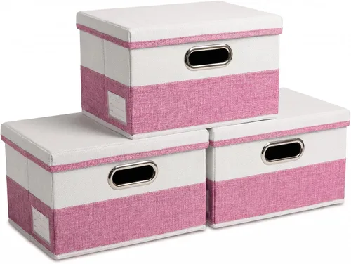 Miniatura 60 de PRANDOM Contenedor de almacenamiento plegable con tapa [1 unidad] Caja de almacenamiento decorativa de tela de lino, cesta organizadora con asas