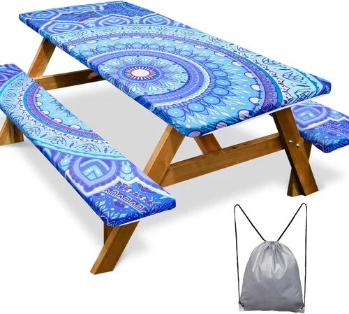 Miniatura 11 de Mantel de mesa de picnic con fundas de banco de 6 pies, 3 piezas, impermeable, resistente al viento, mantel de camping estético con bolsa