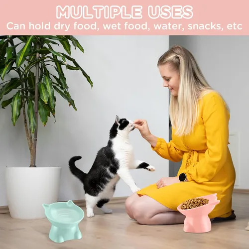 Miniatura 6 de Yaomiao 2 cuencos elevados de plástico para gatos, cuencos elevados de agua para alimentos para mascotas pequeñas (rosa, verde)
