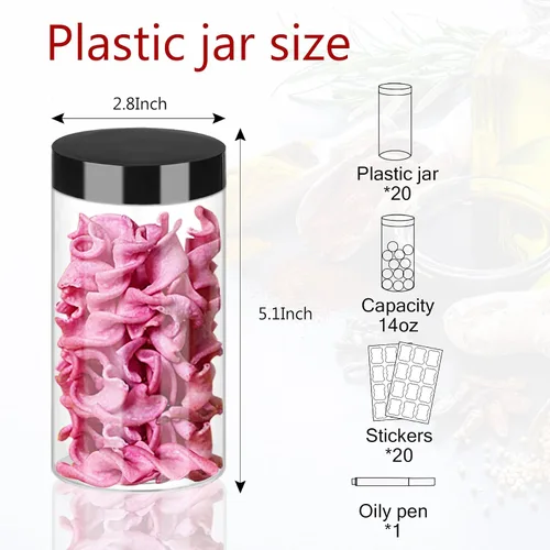 Miniatura 2 de Hajoyful Tarros de plástico con tapas, 20 frascos de plástico transparente de 14 onzas con tapas herméticas a prueba de fugas, de plástico negro