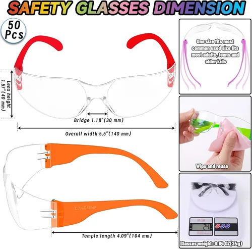 Miniatura 2 de 50 lentes de seguridad unisex a granel de 8 colores transparentes con ANSI Z87.1, resistentes a impactos y arañazos, lentes de sol de seguridad