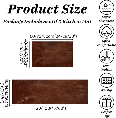 Miniatura 2 de Kitchen Mats for Floor 2 Piece Set Abstract Leather Texture Non Slip Kitchen Rugs Washable Retro Aesthetics Floor Mats Rust Brown Area Rug Runner