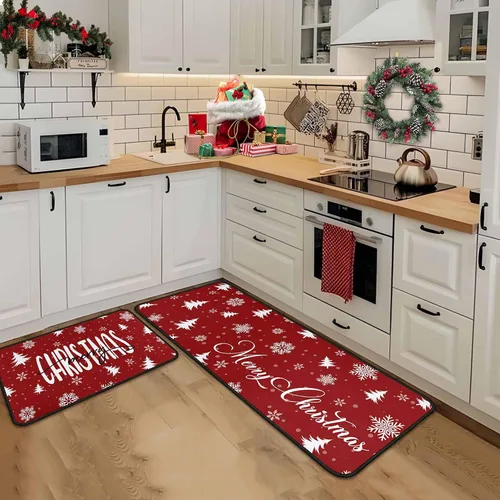 Miniatura 7 de Juego de 2 alfombras y tapetes de cocina de Navidad, decoraciones navideñas para el hogar, parte trasera antideslizante, tapete de cocina de Copo