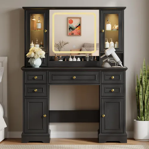 Miniatura 15 de Thacuok Tocador de maquillaje negro con espejo y luces, tocador de 34 pulgadas de ancho con estación de carga y gabinete de vidrio RGB, pequeño
