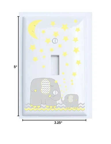 Cubierta de placa de interruptor de luz de elefante amarillo, palanca individual con luna amarilla y estrellas/elefante decoración de guardería con
