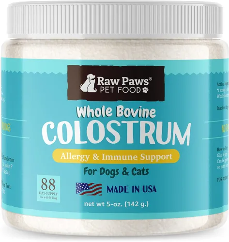 Raw Paws Calostro bovino para mascotas para perros para alergias y apoyo inmunológico (5 onzas) - Fabricado en Estados Unidos - Calostro para gatos