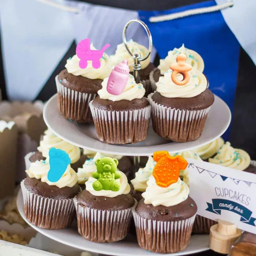 Miniatura 8 de Paquete de 2 moldes de silicona para baby shower, 35 cavidades para pies de bebé, con botella 3D, para chupete, patrón de oso carruaje para fiesta