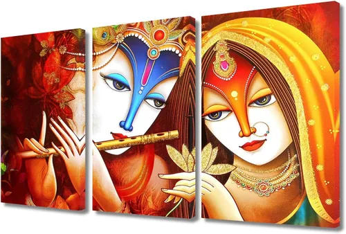 Miniatura 48 de Pintura india hindú Dios Señor Krishna imágenes sobre lienzo, arte de pared de 3 piezas, arte de pared moderno, decoración del hogar para sala
