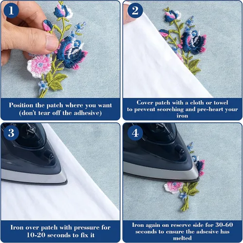 Miniatura 3 de HINZIC 4 parches bordados de flores rosas para coser para planchar, ramo floral rosa y azul bohemio para ropa, jeans, chaquetas, bolsas de vestir