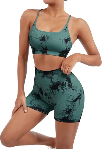 Miniatura 4 de SUUKSESS Conjuntos de entrenamiento sin costuras para mujer, sujetador deportivo con tiras y cintura alta, pantalones cortos