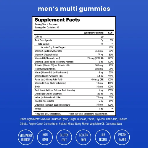 Miniatura 7 de NutraChamps Multivitamínico para hombres mayores de 14 años Gomitas multivitamínicas para hombre, 120 unidades Vitaminas A, B, C, D, E, biotina