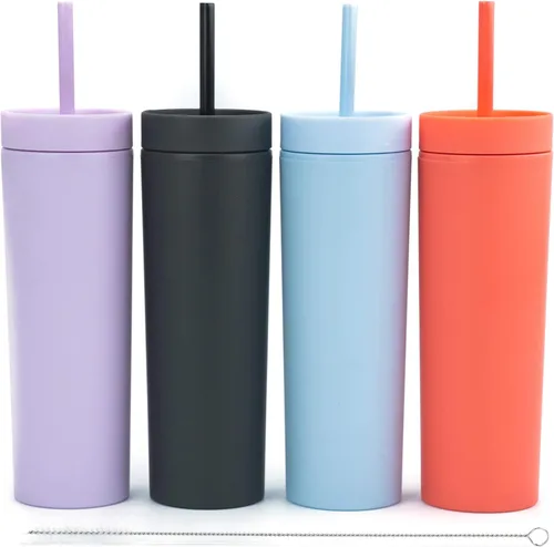 Miniatura 15 de STRATA CUPS Vasos delgados multicolor con tapas y popotes (paquete de 12) - Vaso acrílico de doble pared de 16 onzas, vasos delgados mate altos, a