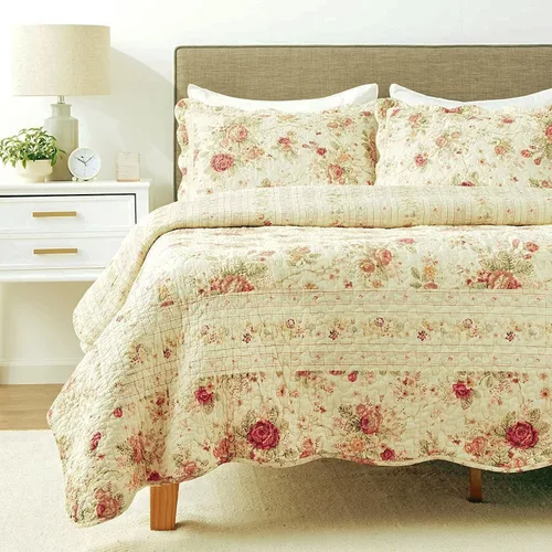 Miniatura 4 de Finely Stitched Chic Shabby Romantic Rose - Juego de edredón de algodón, tamaño King, incluye correas para sábanas