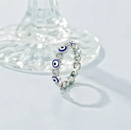 Miniatura 3 de Esbbela Anillo contra el mal de ojo para mujer, chapado en oro blanco de 18 quilates, banda de ojo turco con circonita cúbica, anillo de compromiso