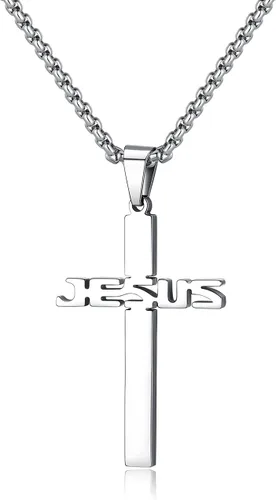 REVEMCN Collar con colgante de cruz de Jesús de acero inoxidable para hombres y mujeres, cadena Rolo de 20 a 24 pulgadas, regalos cristianos para