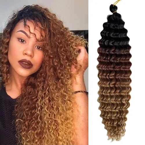 Miniatura 9 de Pelo ondulado de ganchillo de 18 pulgadas, cabello rizado trenzado, 3 paquetes de cabello trenzado de onda profunda para diosa, trenzas sin nudos