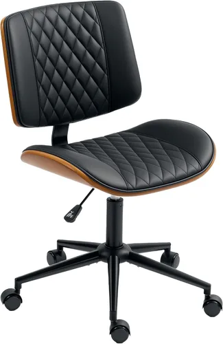 HOMCOM Silla de oficina en casa, sin brazos, con ruedas, de piel sintética, respaldo medio, silla de escritorio pequeña con altura ajustable,