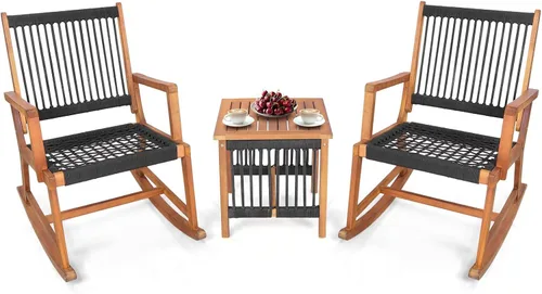 Tangkula Juego de 3 piezas de madera de acacia mecedora, juego de muebles de patio tejidos para todo tipo de clima con mesa auxiliar, juego de negro