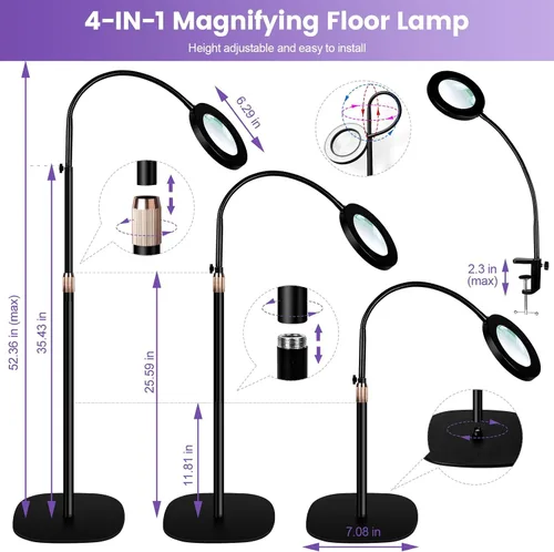 Miniatura 3 de Lámpara de lupa de 12 aumentos con luz y soporte, lámpara de pie LED de aumento de NUEYiO con atenuación sin escalones de 3 colores, lámpara de lupa