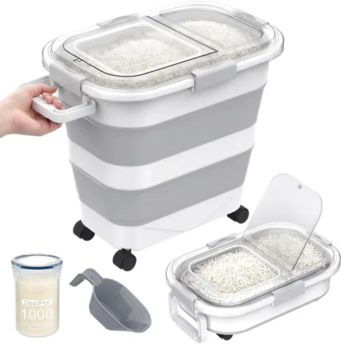 Contenedor de arroz de 11-16 kg, contenedores de almacenamiento de alimentos plegables con tapa hermética transparente, ruedas, contenedor de