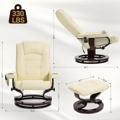 Miniatura 3 de Sillón reclinable de masaje de 8 puntos con otomana, silla reclinable de piel sintética climatizada con base de madera maciza, silla de TV