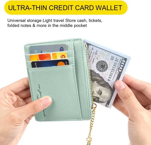 Miniatura 23 de URAQT Cartera para tarjetas de crédito, cartera minimalista de cuero delgado con cremallera, mini protector de tarjeta de crédito, llavero bolsillo