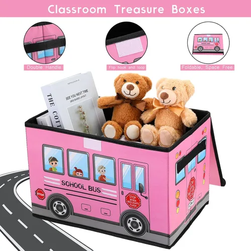 Miniatura 3 de Sweetude Caja del tesoro de autobús escolar de 2 piezas para el aula, caja plegable de almacenamiento de juguetes con tapa, organizador de tesoros