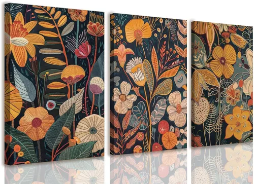 Miniatura 13 de TBKHUDBI Lienzo de flores bohemias para pared, impresiones florales abstractas, juego de 3 pósteres minimalistas de pintura botánica, mercado