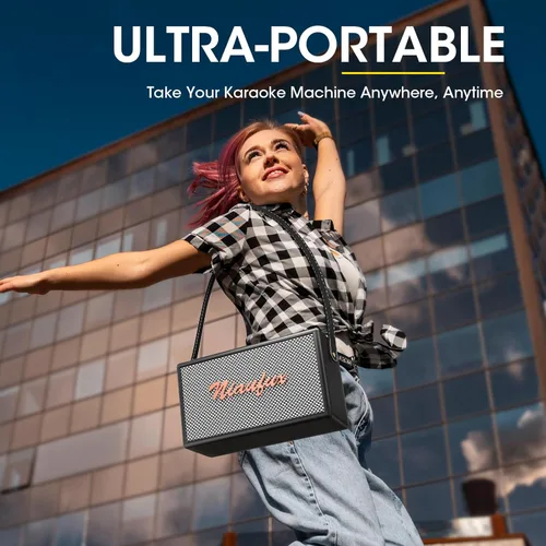 Miniatura 9 de Máquina de karaoke, altavoz de diseño retro con 2 micrófonos inalámbricos para adultos y niños, sistema de karaoke portátil para fiesta en casa